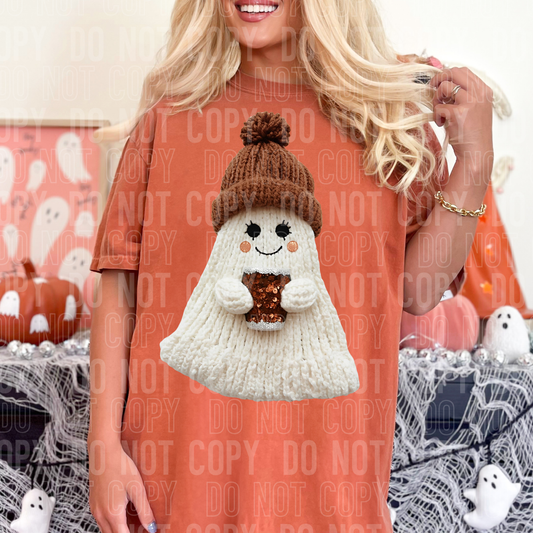 Brown Hat Ghost w/Coffee (Faux Yarn) Full Color DTF Transfer
