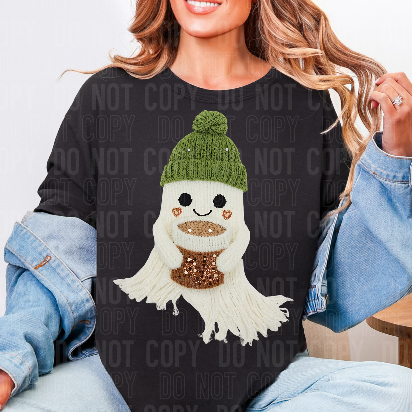 Green Hat Ghost w/Coffee (Faux Yarn) Full Color DTF Transfer