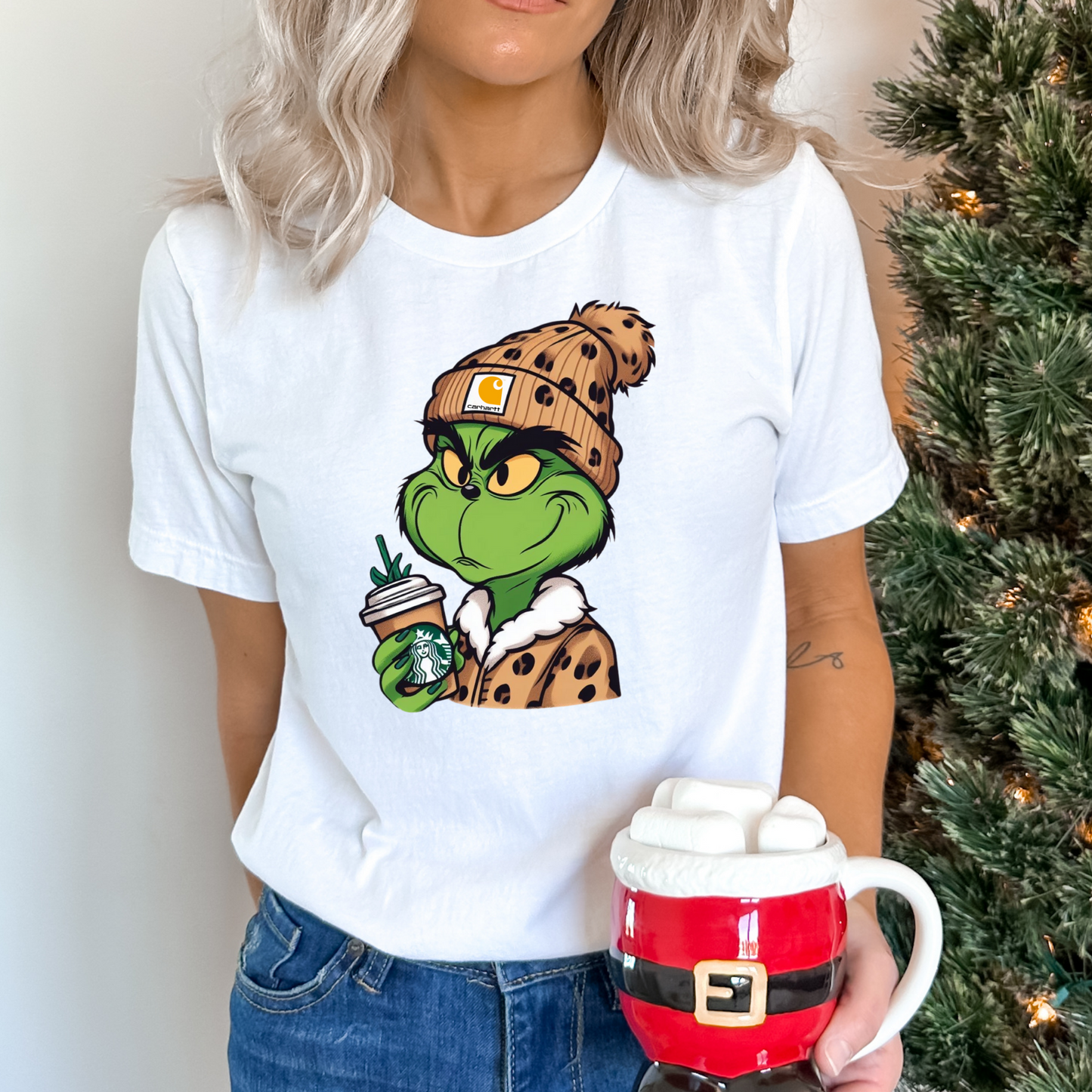 Grinch w/ Beanie and Coffee (Brown Leopard)  Full Color DTF Transfer