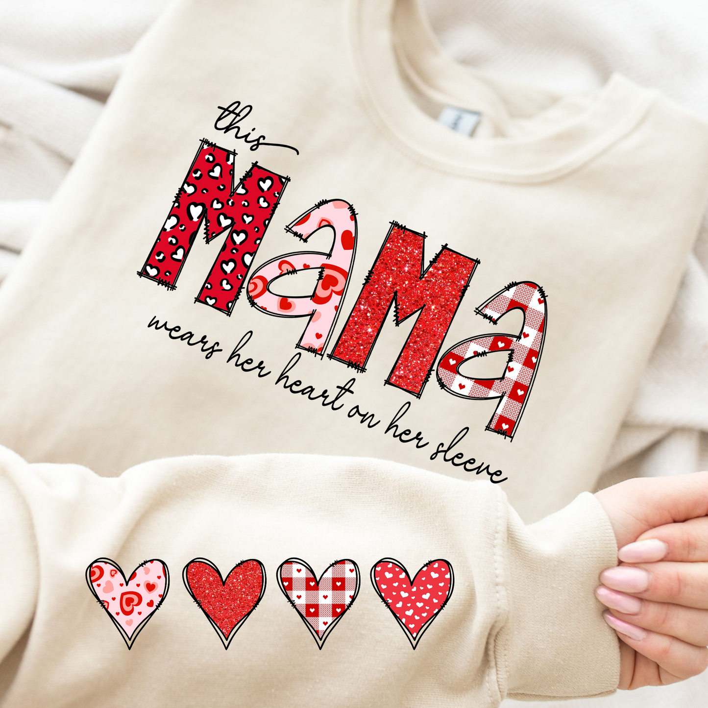 This Mama (MULTLI OPTIONS) Wears Her Heart on Her Sleeve -Valentines Full Color DTF Transfer