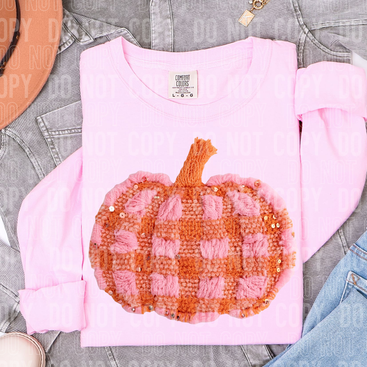Pink/Orange Plaid Pumpkin (Faux Yarn) Full Color DTF Transfer