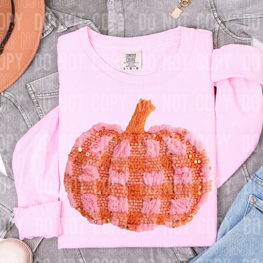 Pink/Orange Plaid Pumpkin (Faux Yarn) Full Color DTF Transfer