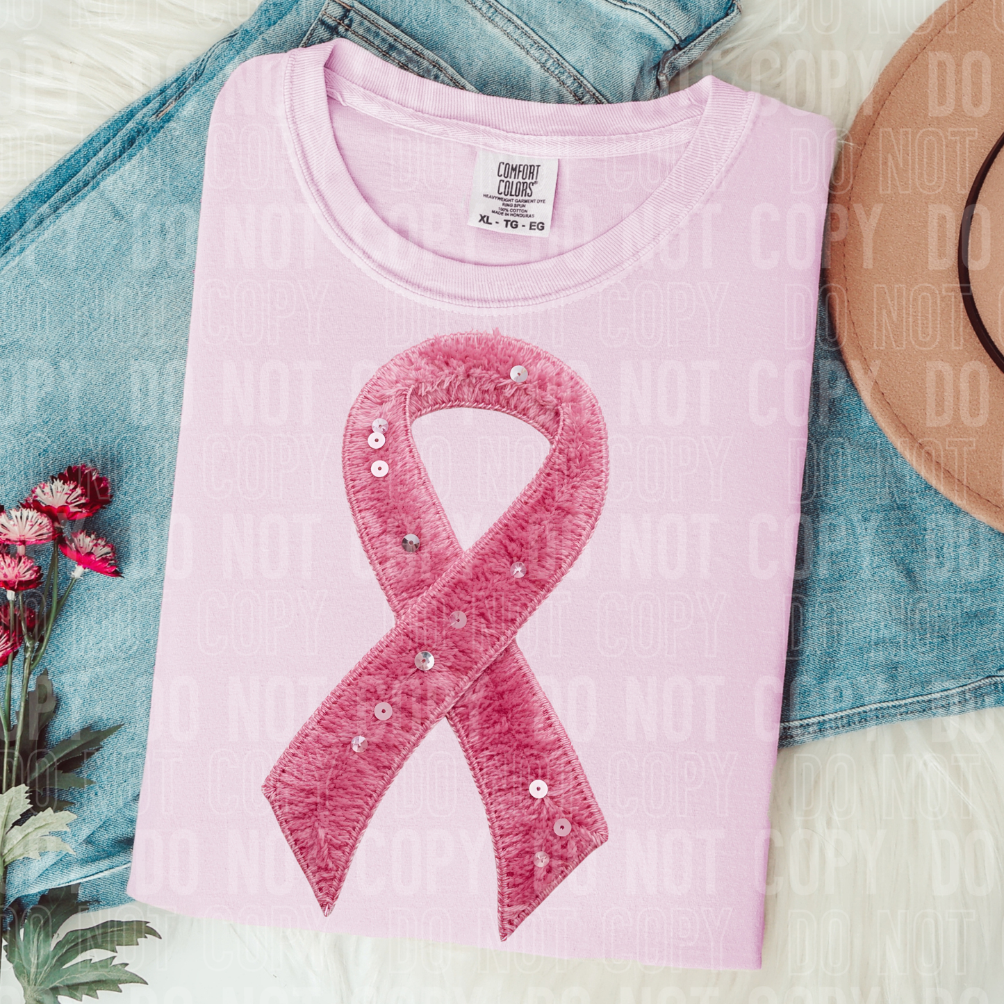 Breast Cancer Ribbon (Faux Yarn/Sequin) Full Color DTF Transfer