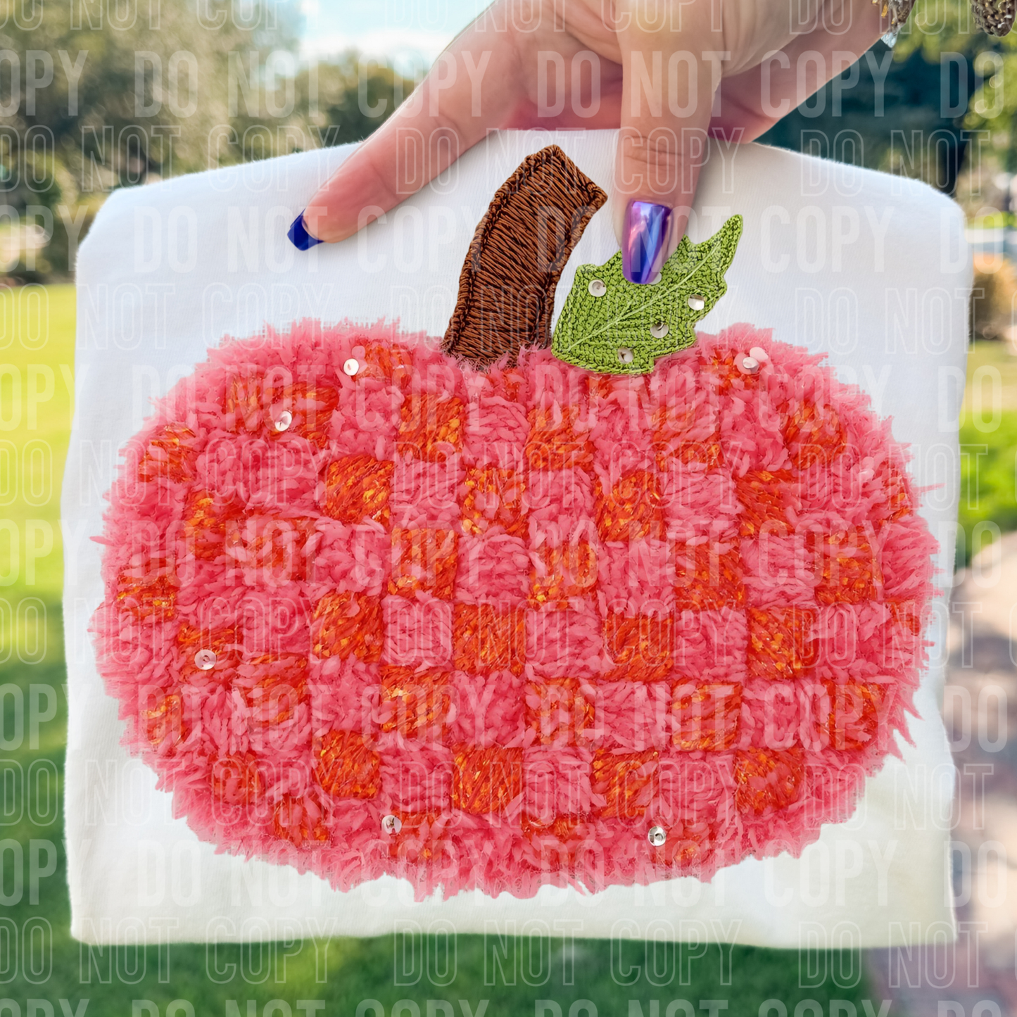 Pink/Orange Checkered Pumpkin Faux Yarn) Full Color DTF Transfer