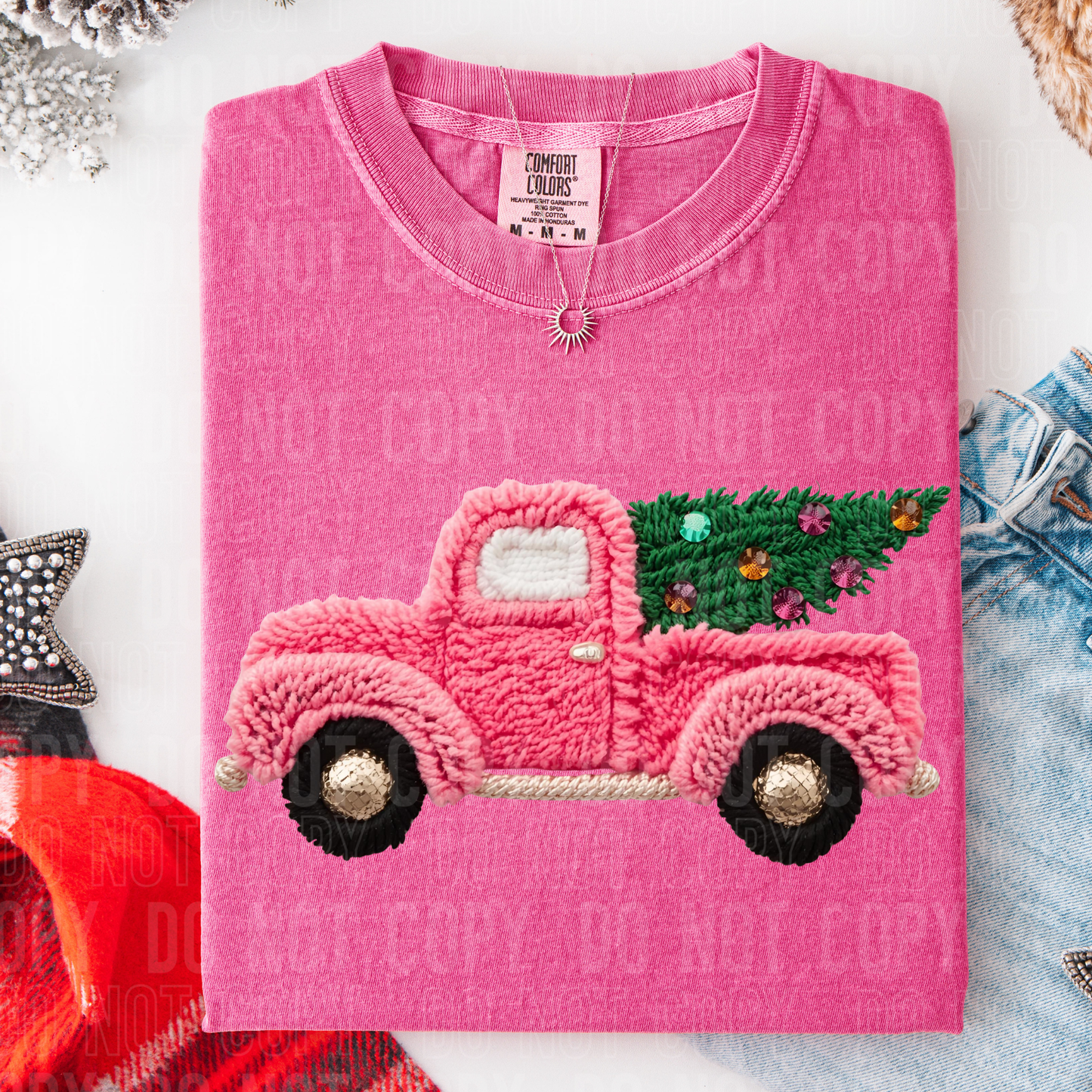 Pink Christmas Truck (Faux Yarn) Full Color DTF Transfer