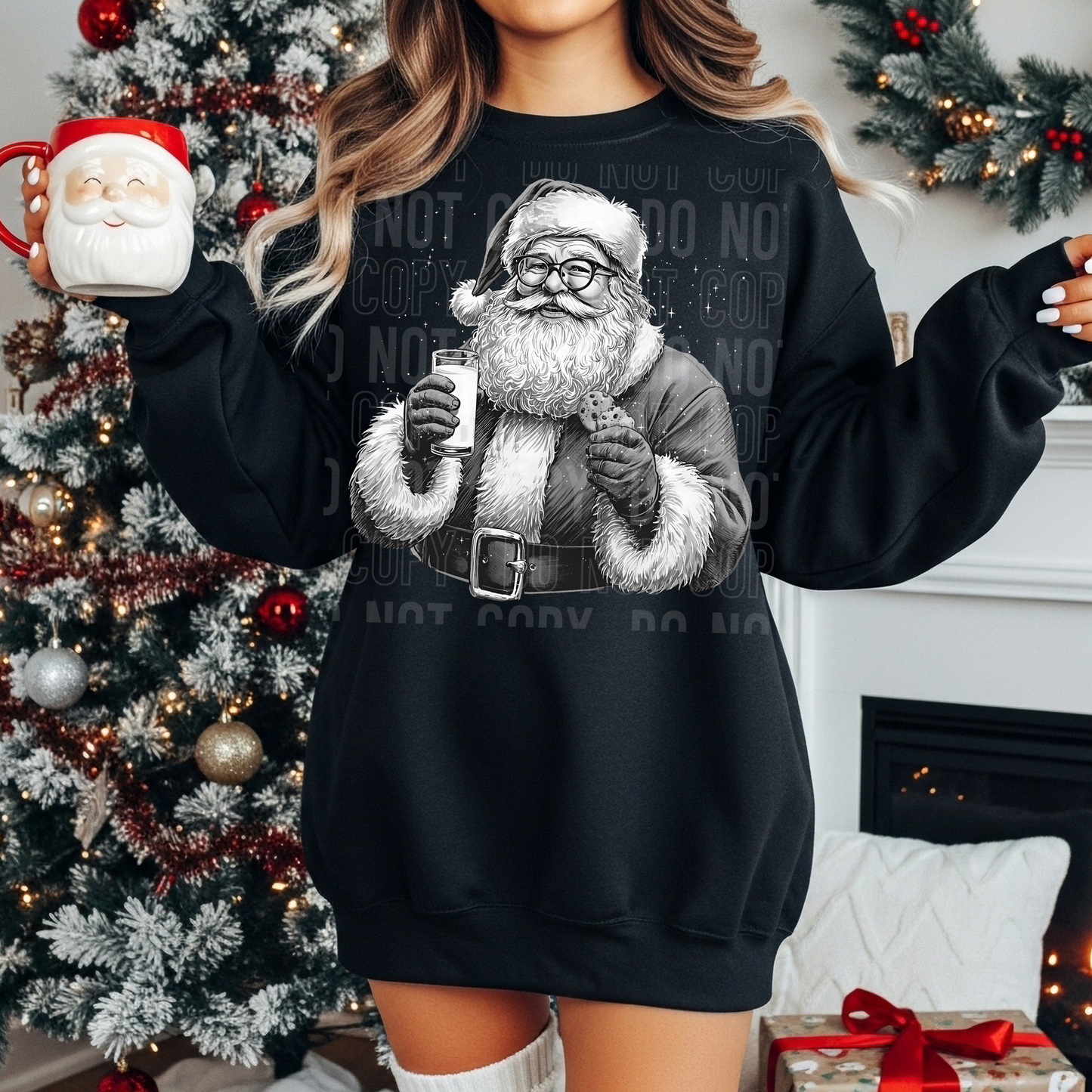 Santa w/Milk & Cookies (Black and White) Full Color DTF Transfer