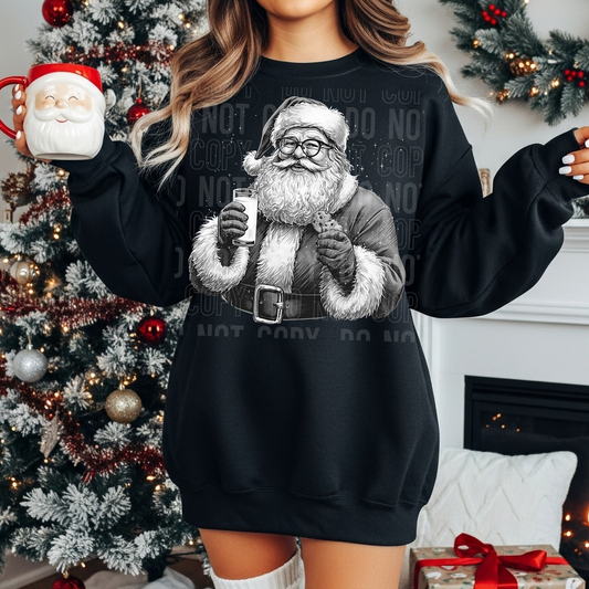 Santa w/Milk & Cookies (Black and White) Full Color DTF Transfer