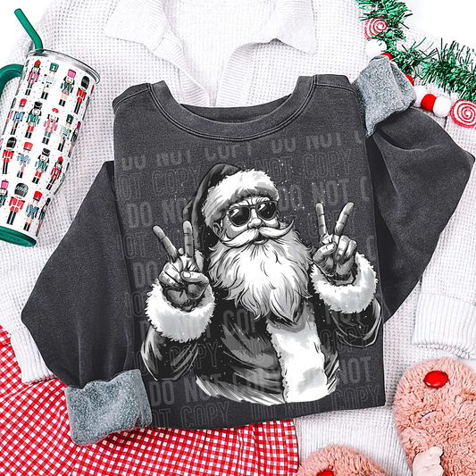 Santa w/Peace Sign Hands (Black and White) Full Color DTF Transfer