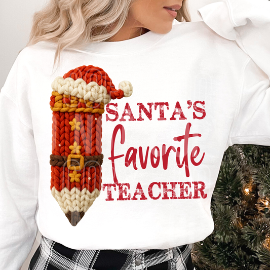 Santa's Favorite Teacher Pencil (Faux Yarn) Full Color DTF Transfer