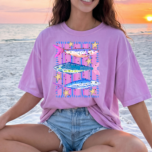 Preppy Spring Fish (Purple Stripes/Blue Slashes) Full Color DTF Transfer