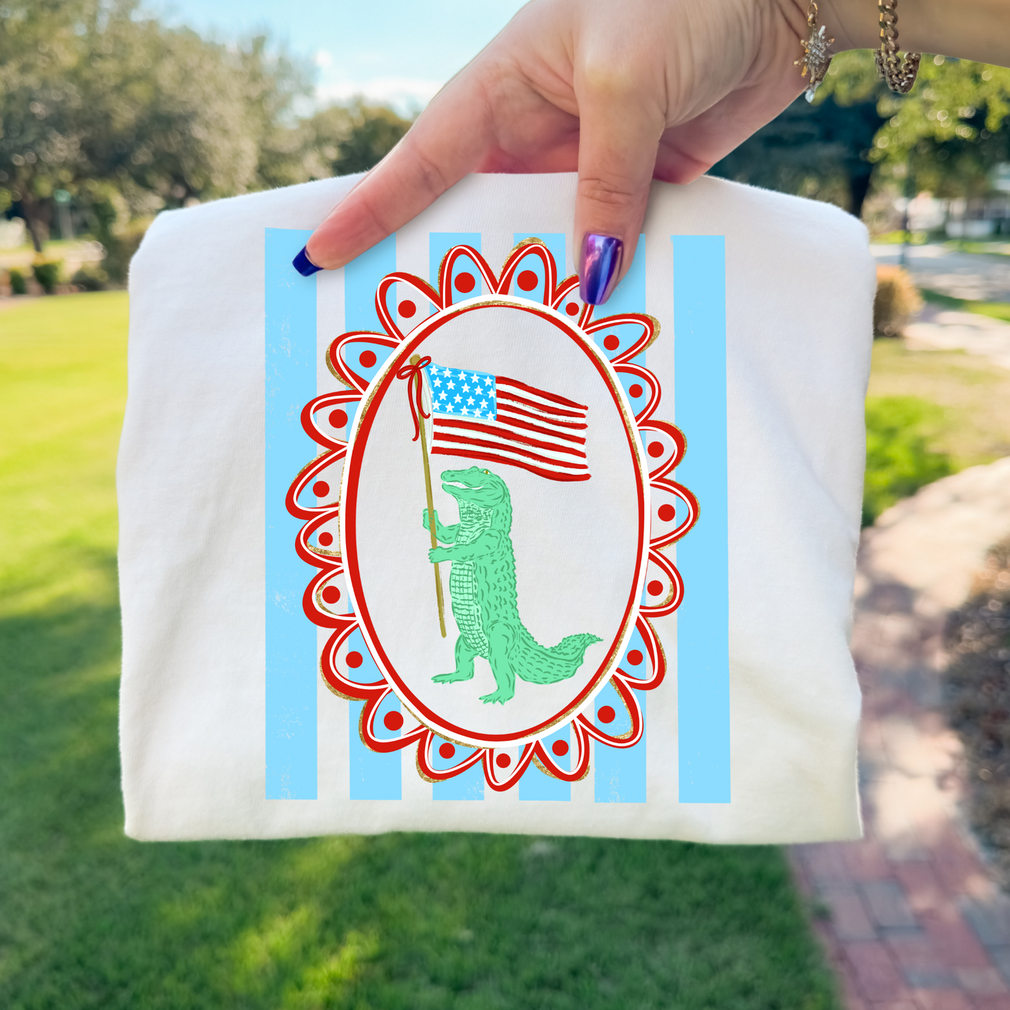 Gator Holding American Flag (Striped) Full Color DTF Transfer