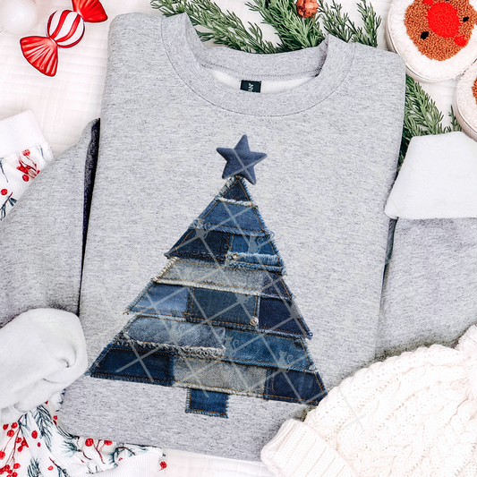 Christmas Tree Patchwork (Faux Denim) Full Color DTF Transfer