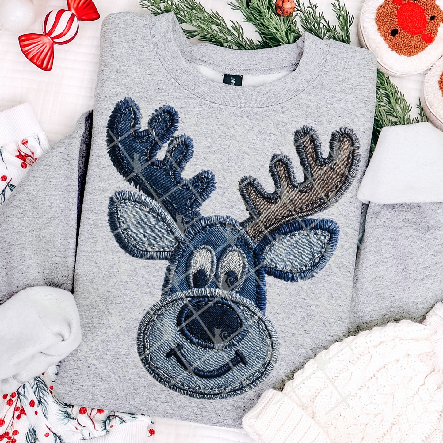 Reindeer Patchwork (Faux Denim) Full Color DTF Transfer