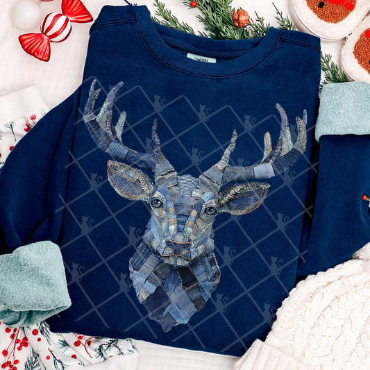Reindeer Head Patchwork (Faux Denim) Full Color DTF Transfer