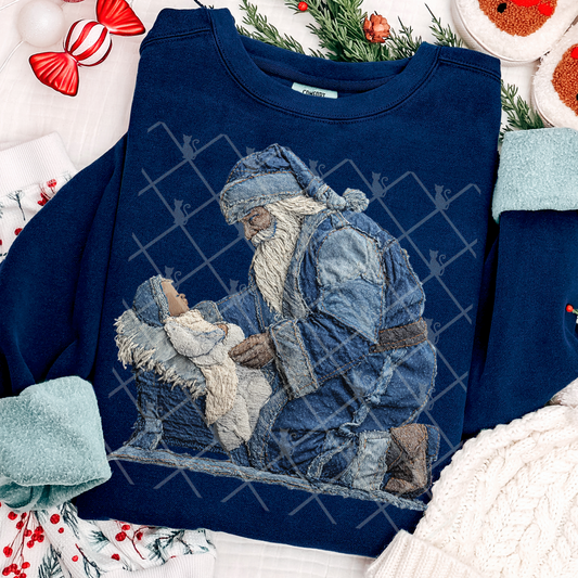 Santa w/Baby Jesus Patchwork (Faux Denim) Full Color DTF Transfer