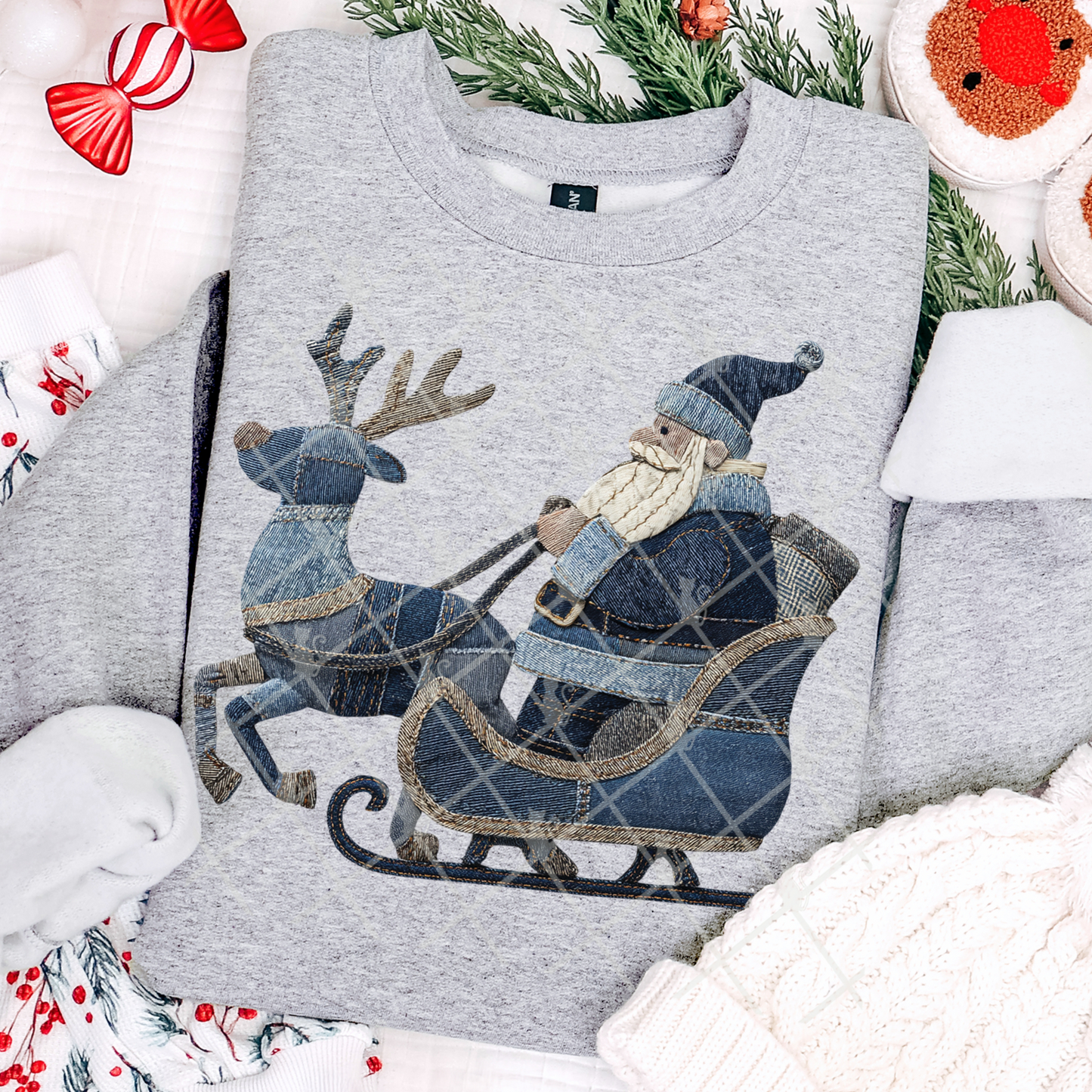 Santa Reindeer Patchwork (faux Denim) Full Color DTF Transfer