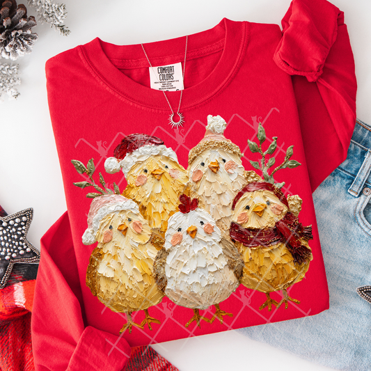 Christmas Chickens (Faux Hand Painted) Full Color DTF Transfer