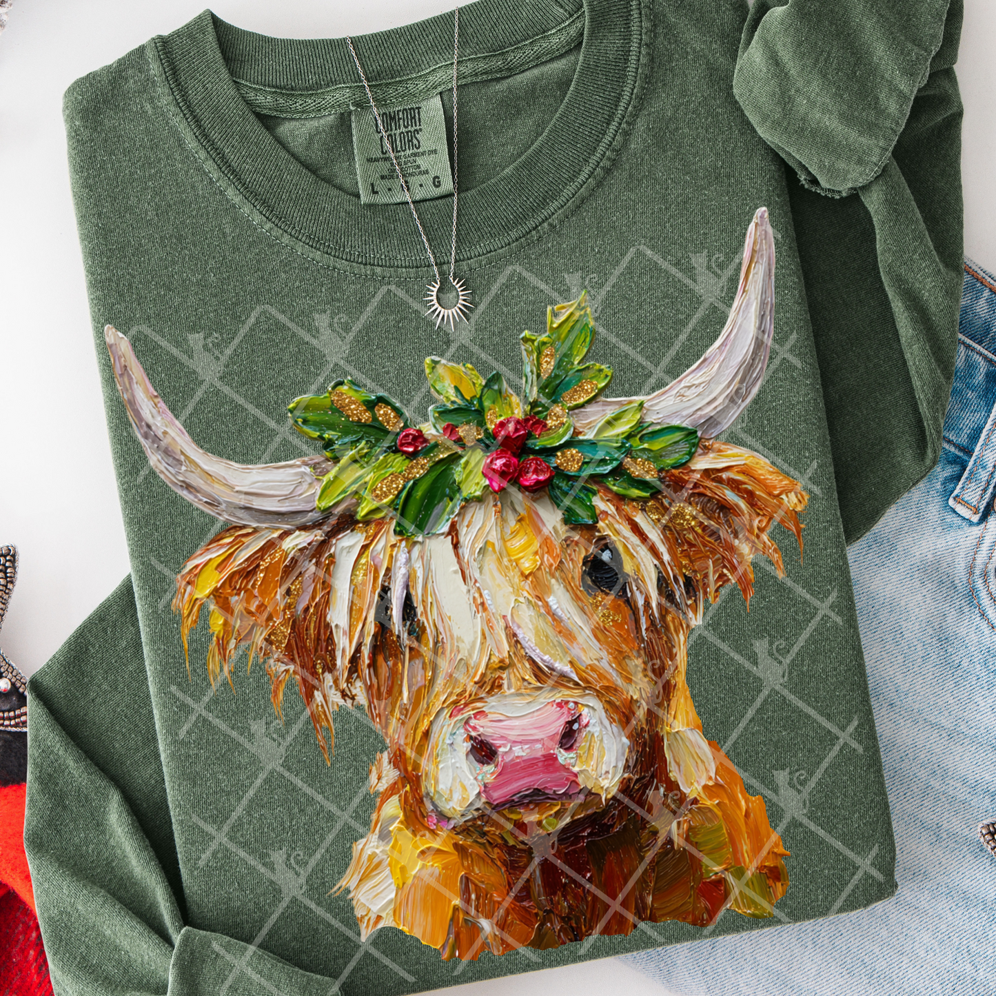 Christmas Highland Cow (Heifer - Cow) (Faux Hand Painted) Full Color DTF Transfer