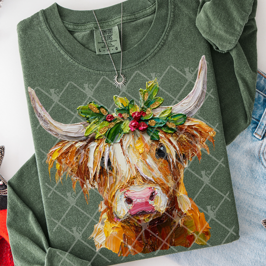 Christmas Highland Cow (Heifer - Cow) (Faux Hand Painted) Full Color DTF Transfer