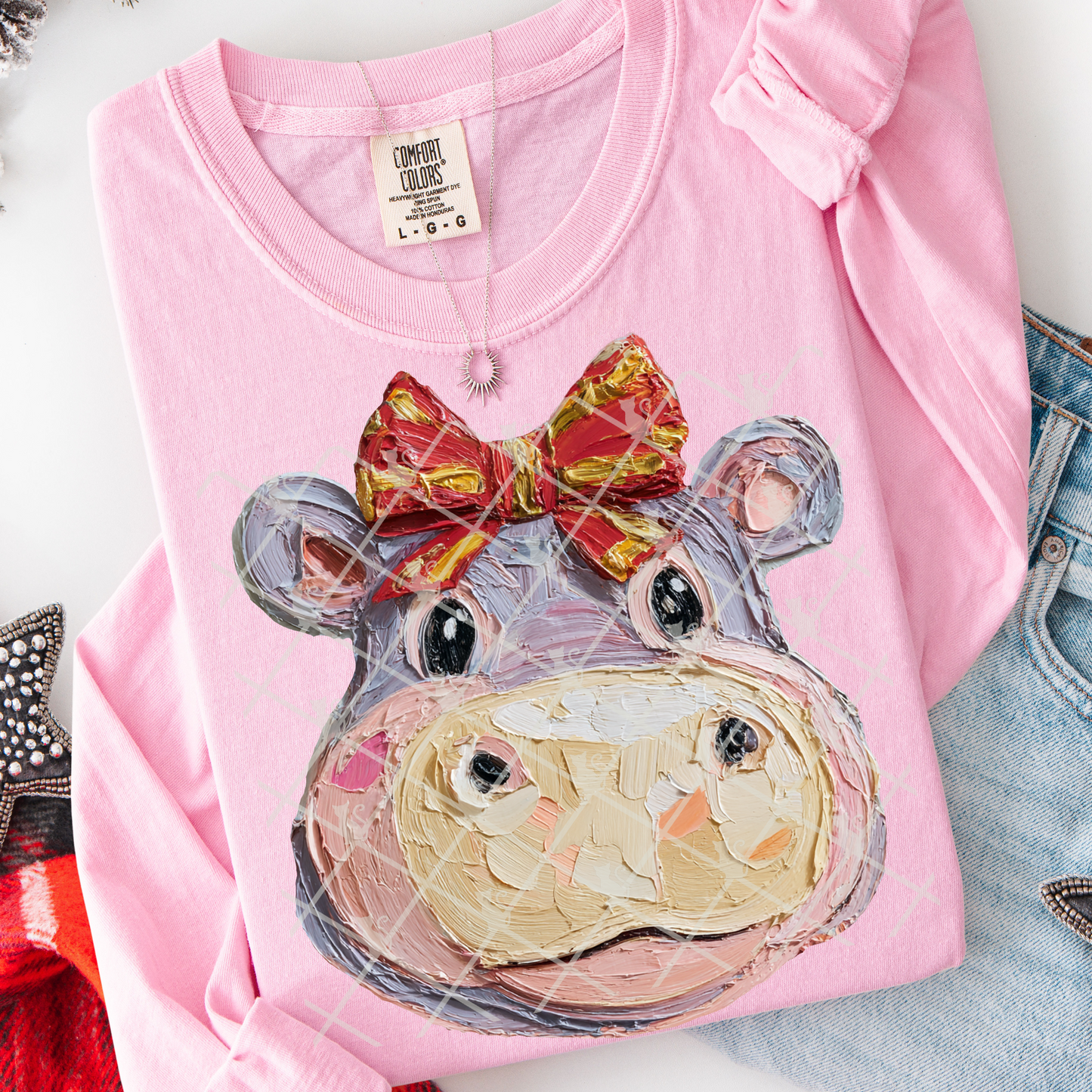 Christmas Hippo (Faux Hand Painted) Full Color DTF Transfer