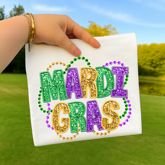 Mardi Gras w/Beads (Faux Glitter) Full Color DTF Transfer