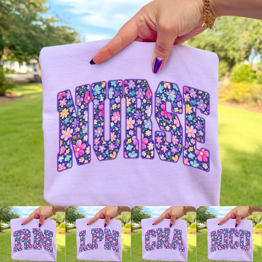 Purple Floral Nurse (RN - LPN - CNA - NICU Options) Full Color DTF Transfer
