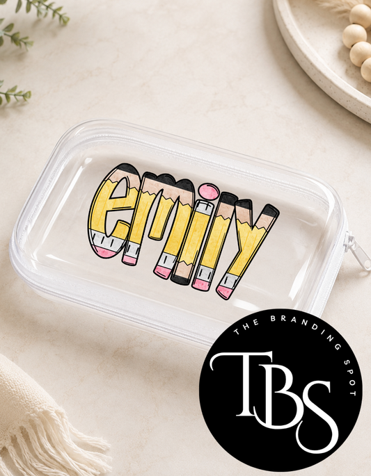 Personalized (Pencil Font) Hard Shell Clear Pencil Case
