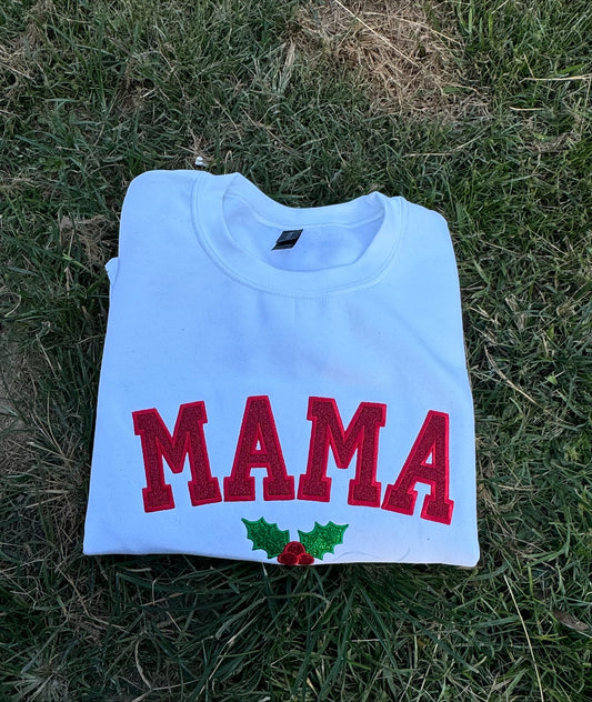 Christmas Mama Glitter Applique Embroidered Sweatshirt/T-Shirt (ANY SINGLE ONE LINE WORD)