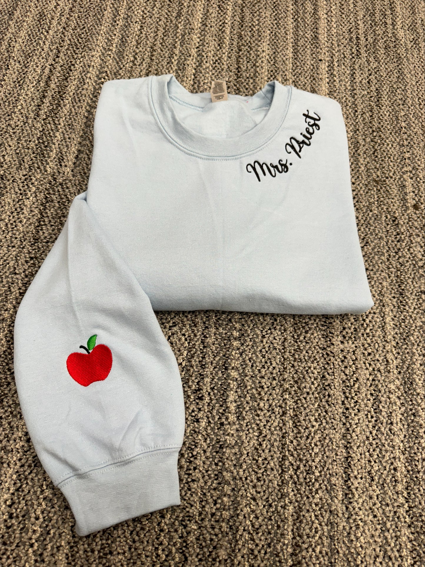 Teacher Name Embroidered Neckline w/ Apple Sleeve Sweatshirt/T-Shirt