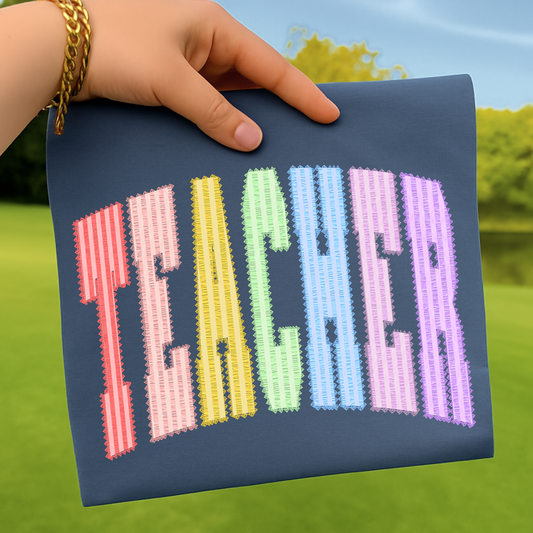 Colorful Striped/Scalloped Teacher Full Color DTF Transfer
