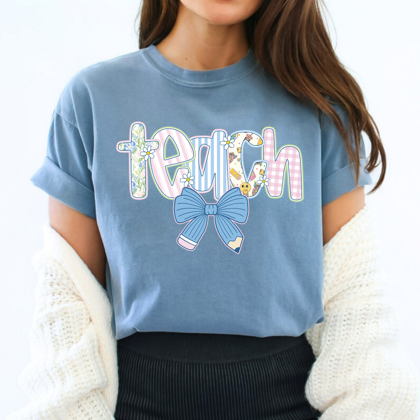 Floral Teach w/Pencil Bow Full Color DTF Transfer