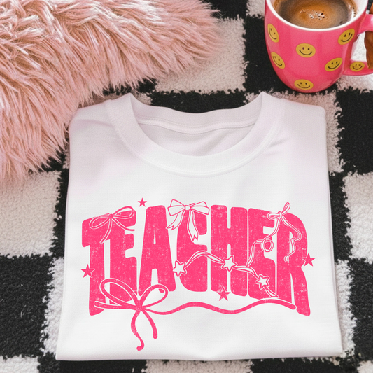 Pink Teacher w/Stars & Bows Full Color DTF Transfer