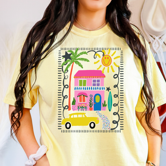 Doodle Beach House Full Color DTF Transfer