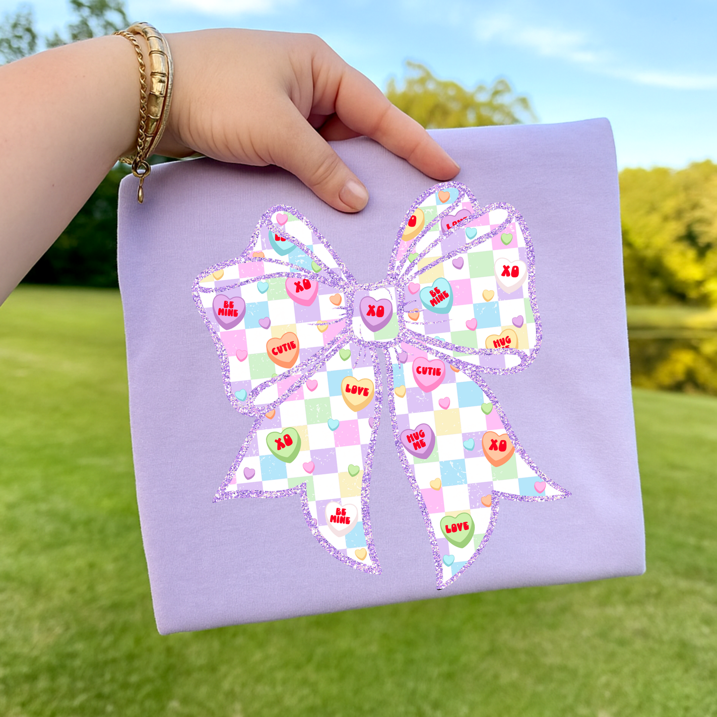 Candy Heart Checkered Bow Full Color DTF Transfer