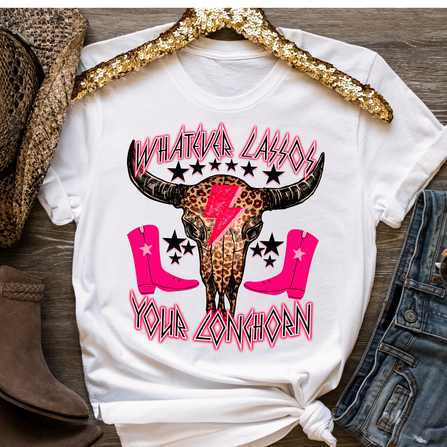 Whatever Lassos Your Longhorn Pink Leopard Bull Skull Full Color DTF Transfer