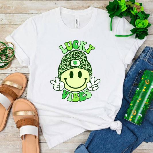 St Patrick's Lucky Vibes Smiley w/Beanie Full Color DTF Transfer