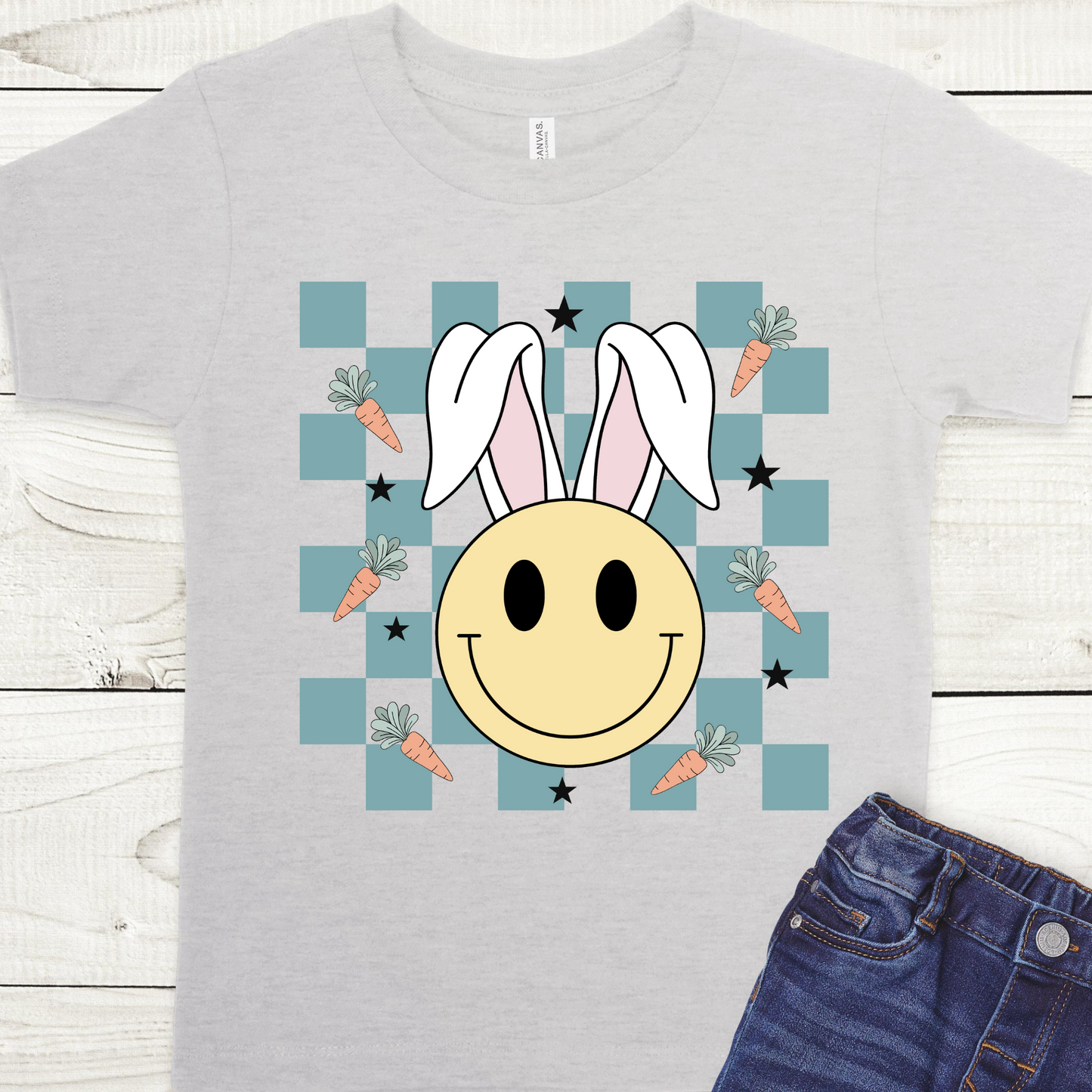 Bunny Smiley Face Blue Checkered Carrot Background Full Color DTF Transfer