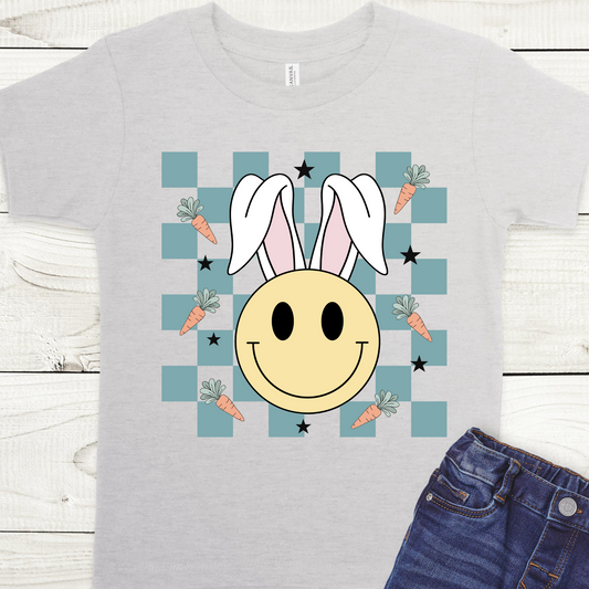 Bunny Smiley Face Blue Checkered Carrot Background Full Color DTF Transfer