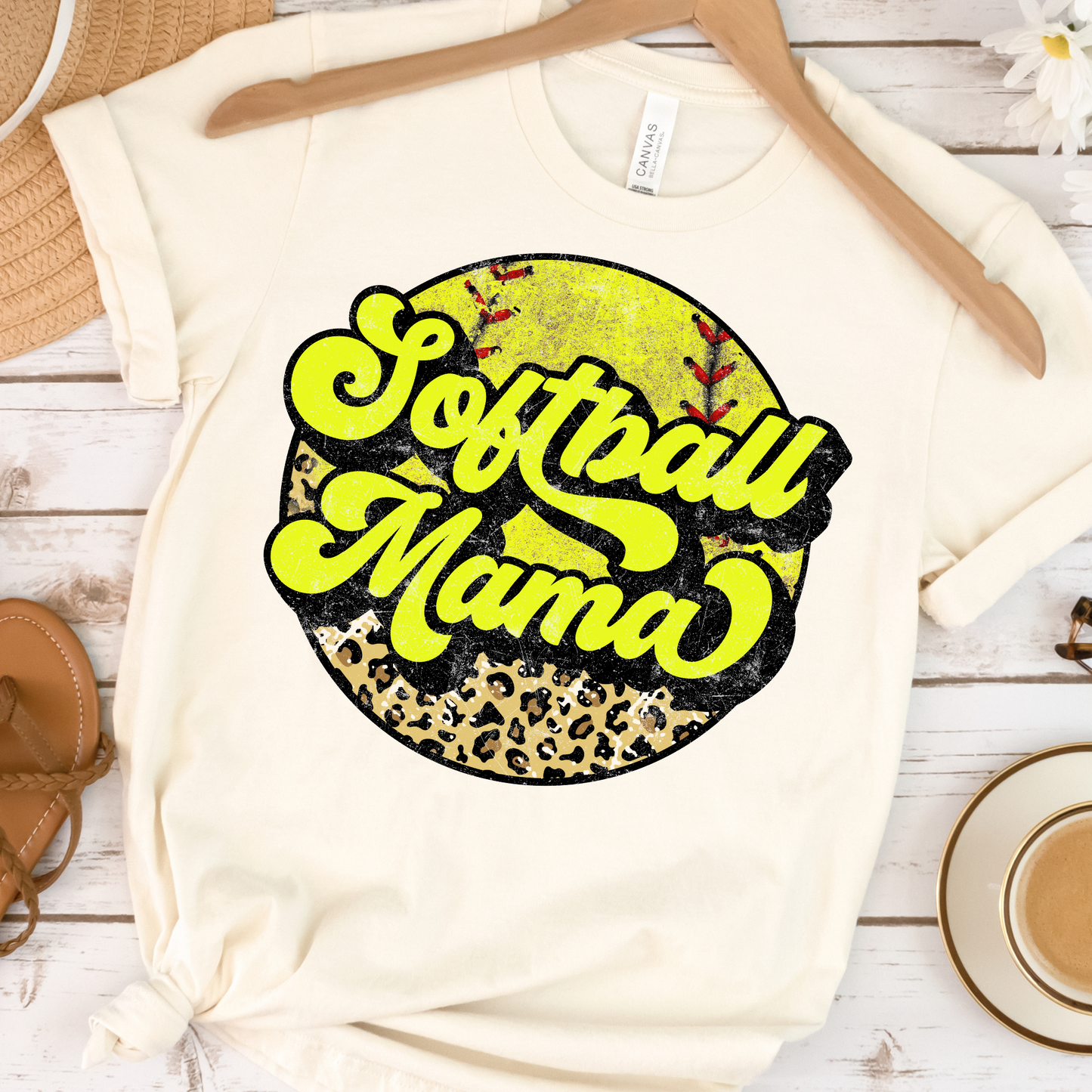 Softball Mama Circle w/Leopard Full Color DTF Transfer