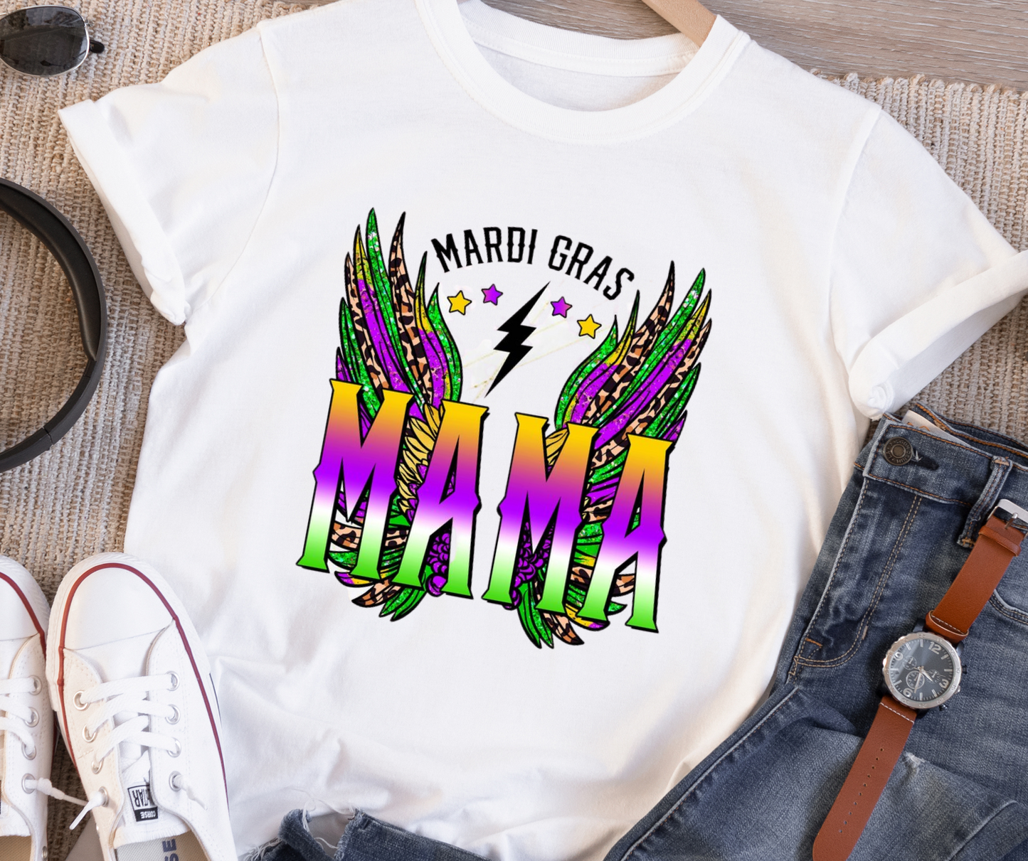 Mardi Gras Mama w/ Wings Full Color DTF Transfer