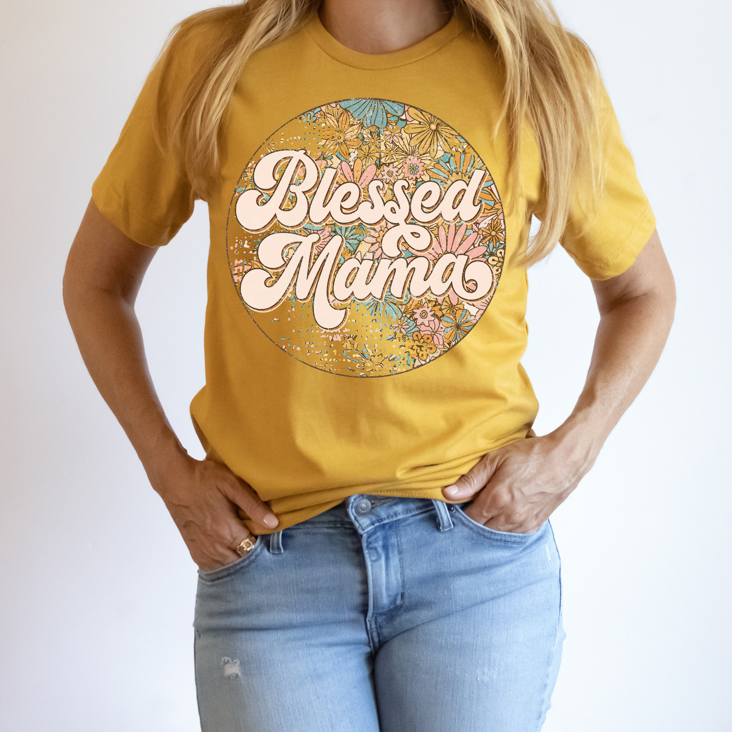 Blessed Mama Distressed Floral Circle Full Color DTF Transfer