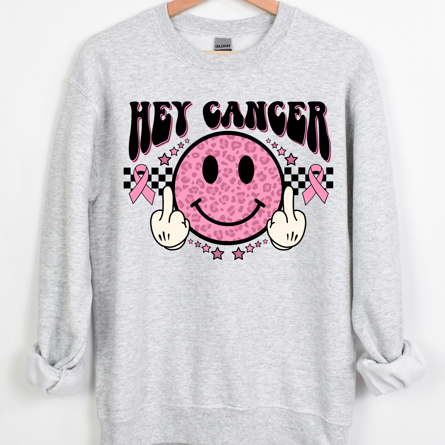 Hey Cancer Middle Finger Smiley Breast Cancer Awareness Full Color DTF Transfer