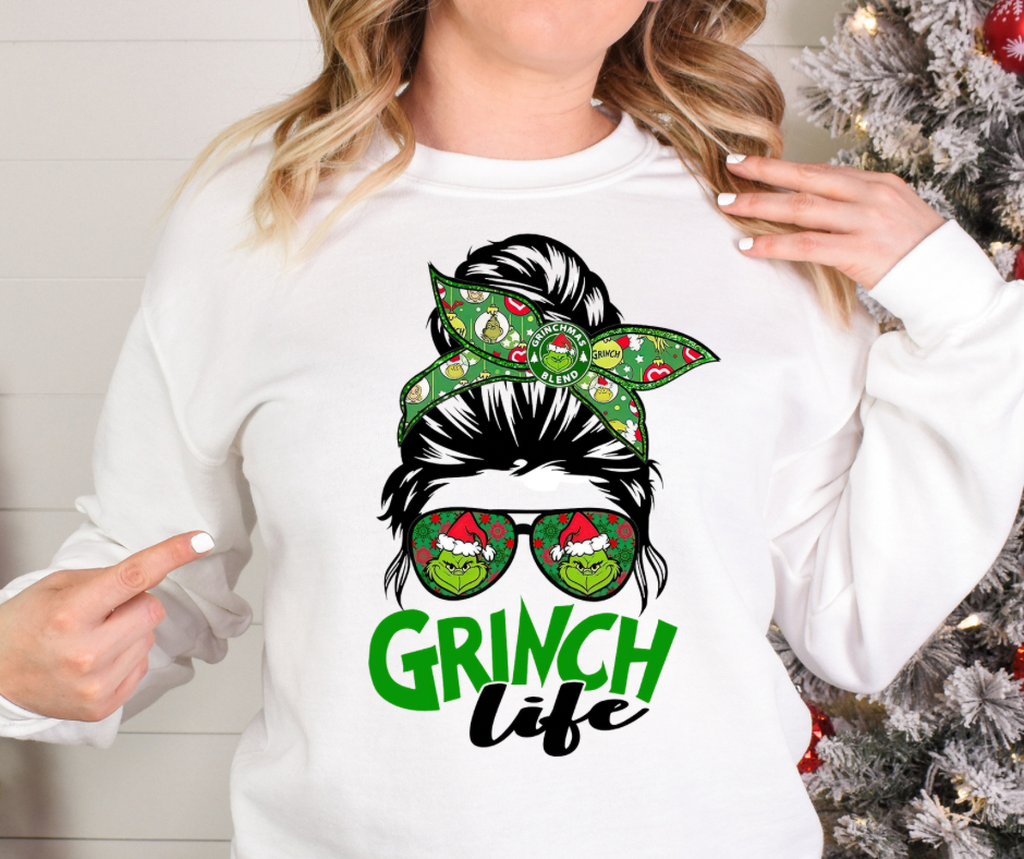 Grinch Life Messy Bun Full Color DTF Transfer