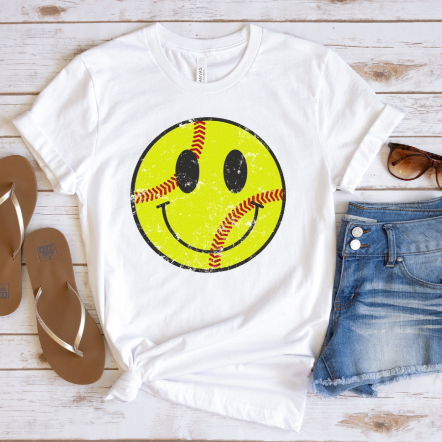 Softball Smiley Face Distressed Full Color DTF Transfers