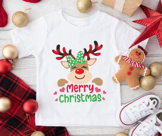 Merry Christmas Reindeer With Bow  Full Color DTF Transfer