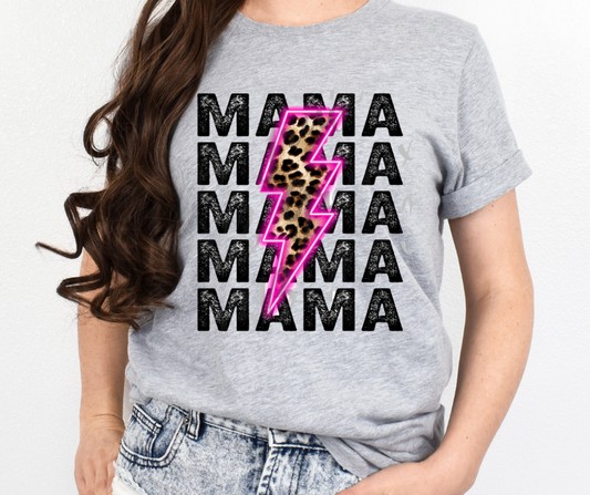 Mama Neon Pink Leopard Lightening Bolt  Full Color DTF Transfer