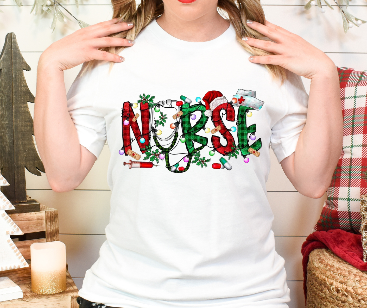 Christmas Nurse Patchwork Pattern Full Color DTF Transfer