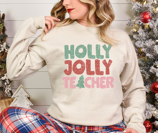 Holly Jolly Teacher Distressed Full Color DTF Transfer