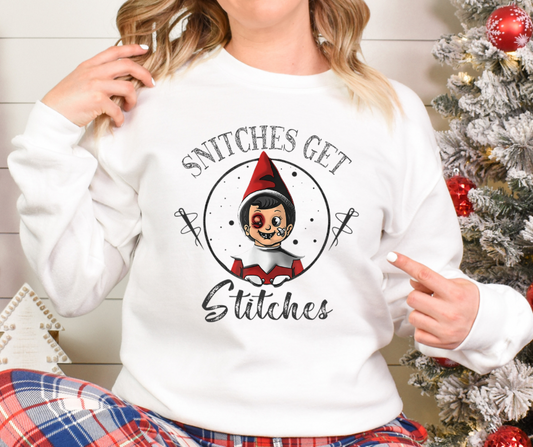 Snitches Get Stitches Elf on the Shelf Black Text Full Color DTF Transfer